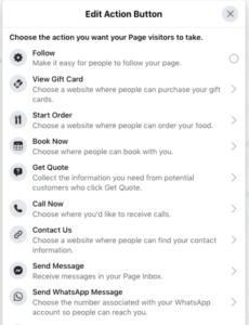 Select a CTA for your Facebook business page